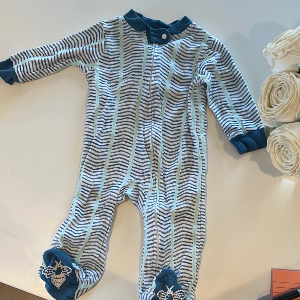 Striped Blue & White Baby Footed One-Piece with Teal Trim! Never worn!